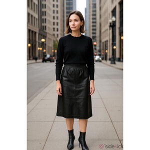 Vintage JFS Signature 100% Leather Midi Skirt Large Black Lined Elastic Waist